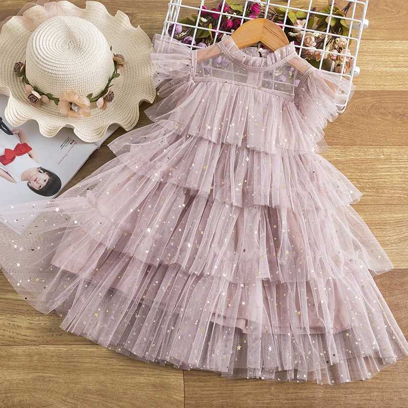 Girl's Dresses Girls Pink Cake Layers Princess Dresses Summer Tulle Ball Gown Children Star Sequins Casual Costume 3-8Y Birthday Party Dresses