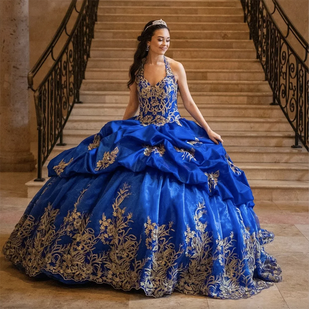 Royal Blue Quinceanera klänningar med spetsapplikationshalter hals söt 16 klänning vestido de 15 anos boll prom klänningar