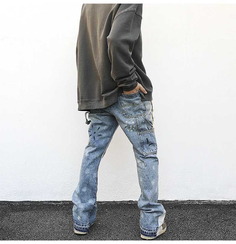 Mäns jeans nödställda stänk bläck flare urban streetwear patch mens graffiti wide hip hop wash blue smal fit q240427