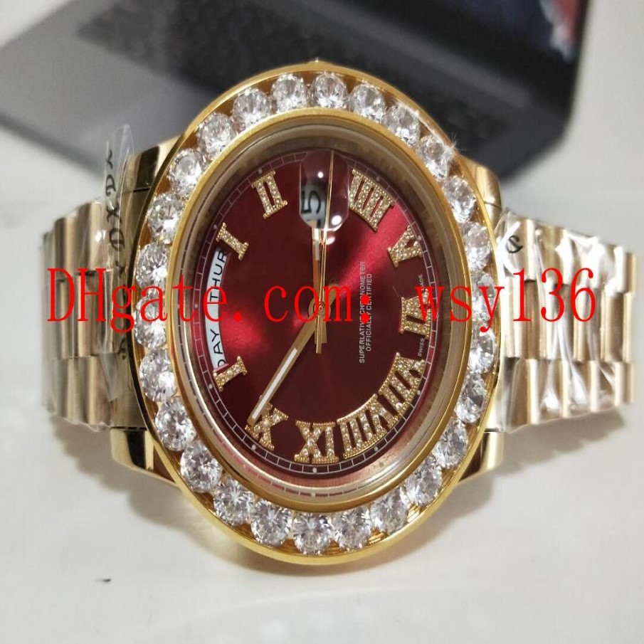 Luxe - Vente de cadran rouge Montre-bracelet pour hommes Day-Date II Or jaune 18 carats 41MM Président 228238 Diamant Montres décontractées pour hommes 245G