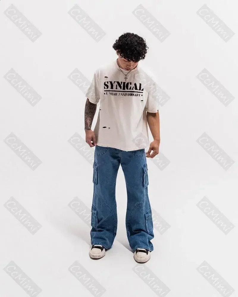 Pantaloni Jeans larghi Pantaloni larghi a gamba larga drappeggiati retrò Pantaloni cargo con tasca grande casual Y2k Denim Uomo Abbigliamento uomo strappato 240124