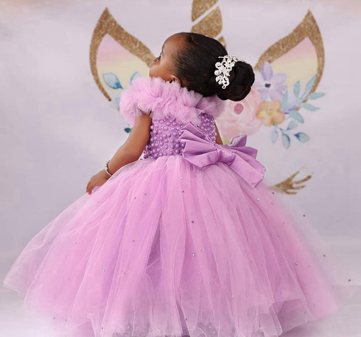 Lalic Flower Girl Dresses Pleated Jewel Pearls Tiered Tulle Ball Gowns Flowergirl Dress Princess Queen Hand Made Flowers Birthday Party Dress Gowns NF062