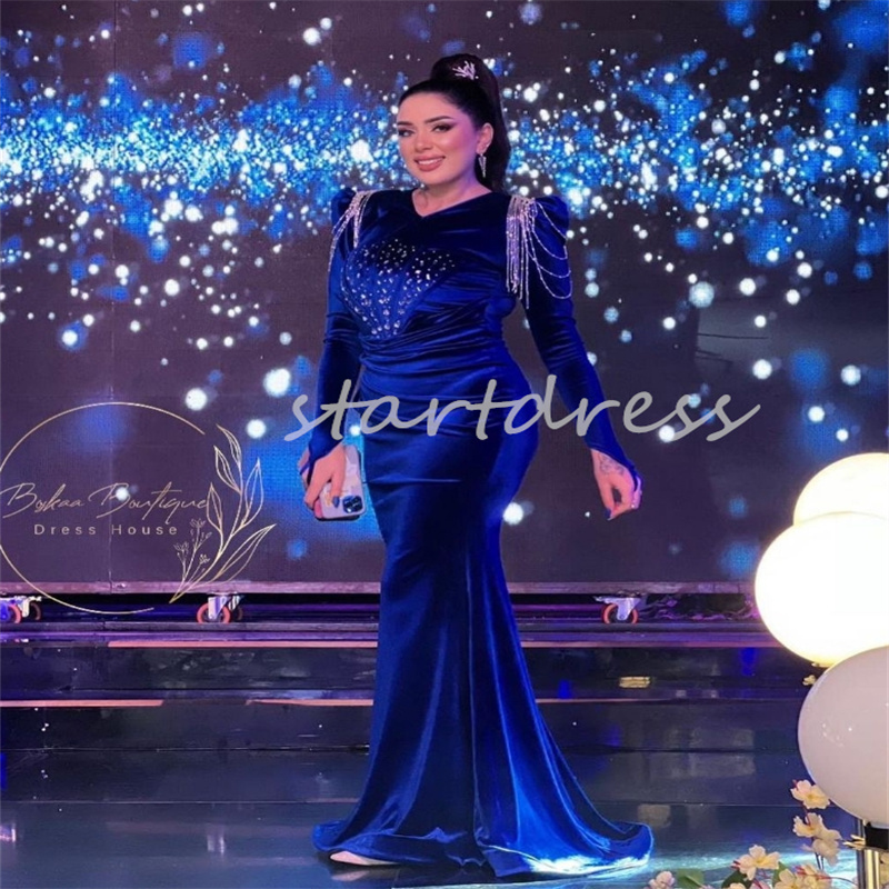 Árabe saudita sereia azul vestidos de noite com frisado elegante sereia veludo vestido de baile manga longa até o chão plus size ocasião formal vestidos de festa robe de soiree