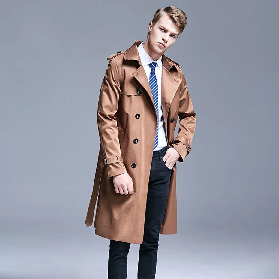 S-6XL masculino trench coat lapela trench coat duplo breasted jaqueta longa primavera e outono estilo britânico casacos de negócios 240119