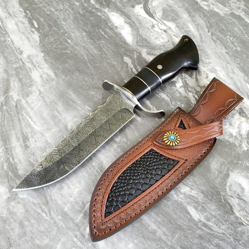 Högkvalitativ high end Damaskus rak kniv 9cr18mov rak punkt blad ebenholts handtag fasta blad knivar med läder mantel