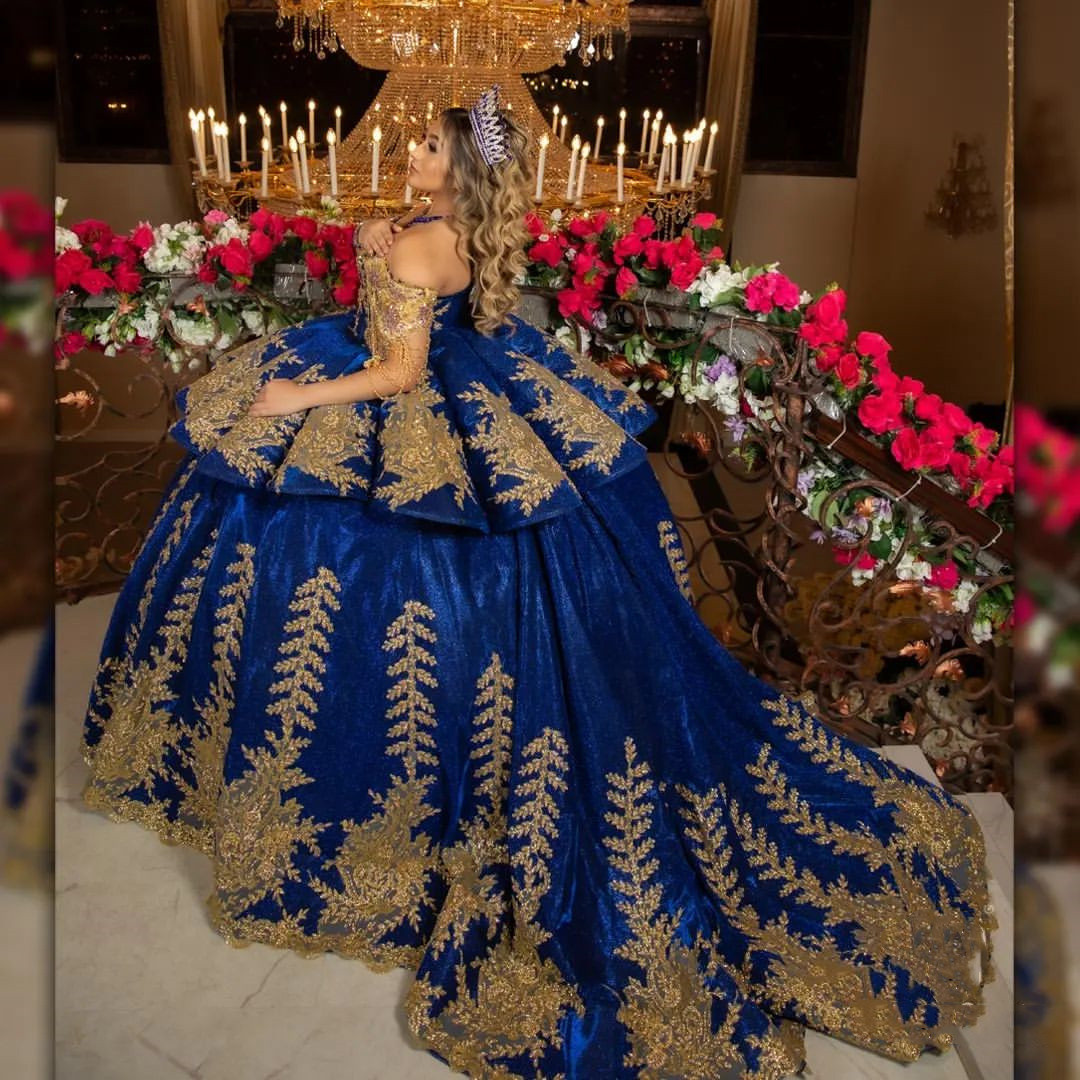 Luxus Blau Quinceanera Kleid Ballkleid 2024 Gold Applikationen Perlen Vestido De 15 Anos Süße 16 Geburtstag Party Kleider Nach