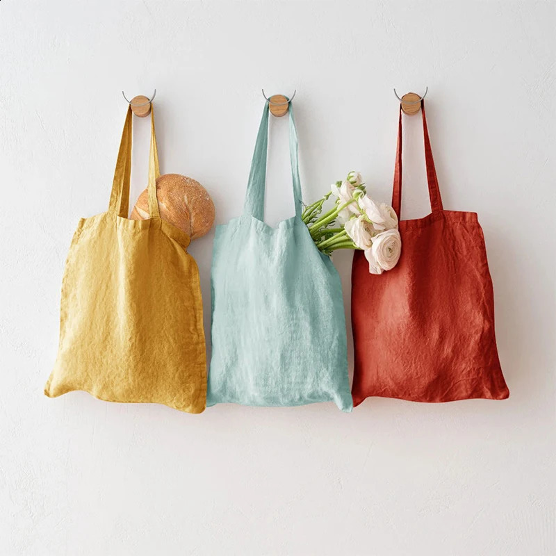 Casual Linen Cotton Women Canvas Bag Harajuku Fashion Solid Color One Shoul Shopping Handväska Girls Tote Travel Bag 240127