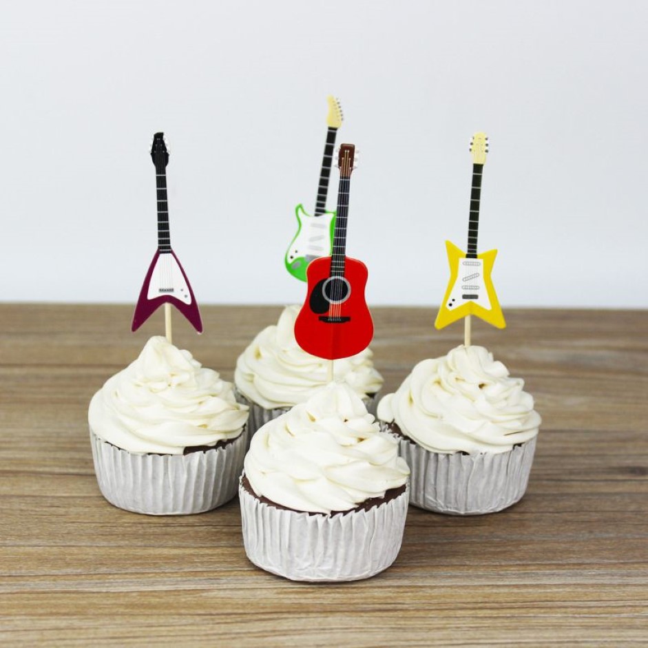 CHICCHIC 24 stks een Set Kleurrijke Gitaar 4 Vormen Cupcake Toppers Cake Picks Decoratie met Tandenstokers286f