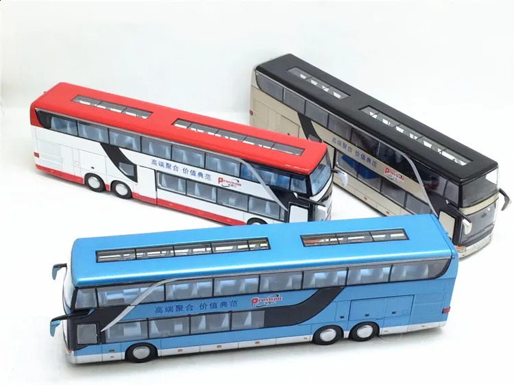 SALE HÖG KVALITET 1 32 Legering Pull Back Bus ModelHigh Imitation Double Sightseeing Busflash Toy Vehicle 240129