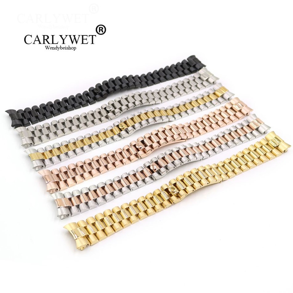 Carlywet 316L 손목 시계 밴드 브레이슬릿 스트랩 대통령 스테인리스 스틸 솔리드 곡선 엔드 스크류 링크 교체 275d