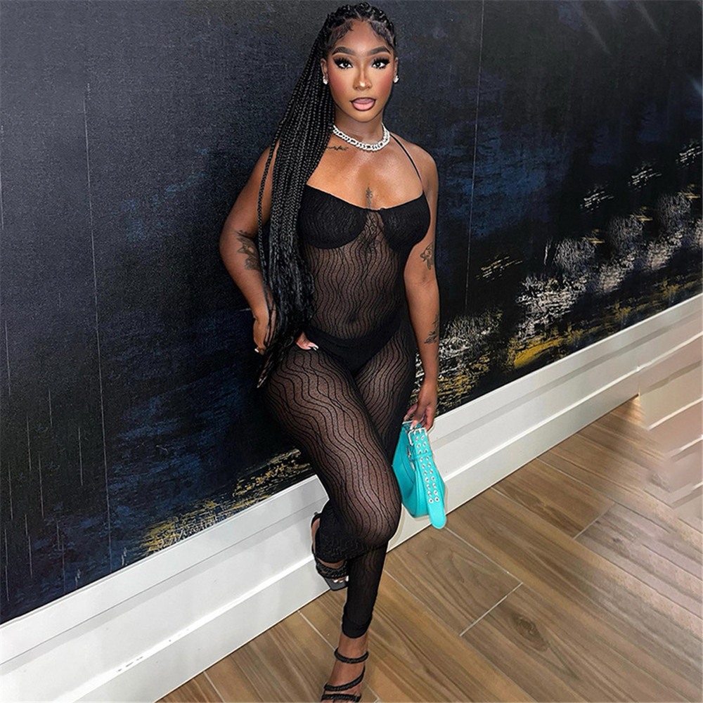 2024 Designer Mesh Jumpsuits Women Spaghetti Strap Halter Rompers Spring Summer Sexig Sheer Backless See Through Leggings Night Club Wear Wholesale Clothes 10645