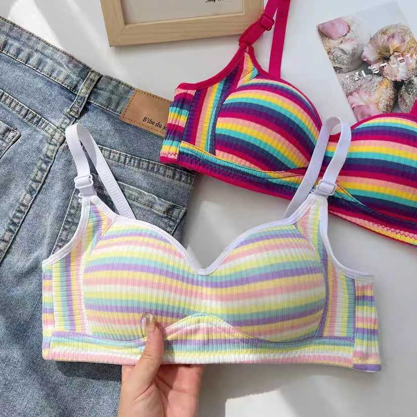 Bras Bras Sexy Bra for Women Tops Dopamine Rainbow Girl Seamless Bra Steel Ring Free Underwear Lingerie Bralette YQ240203