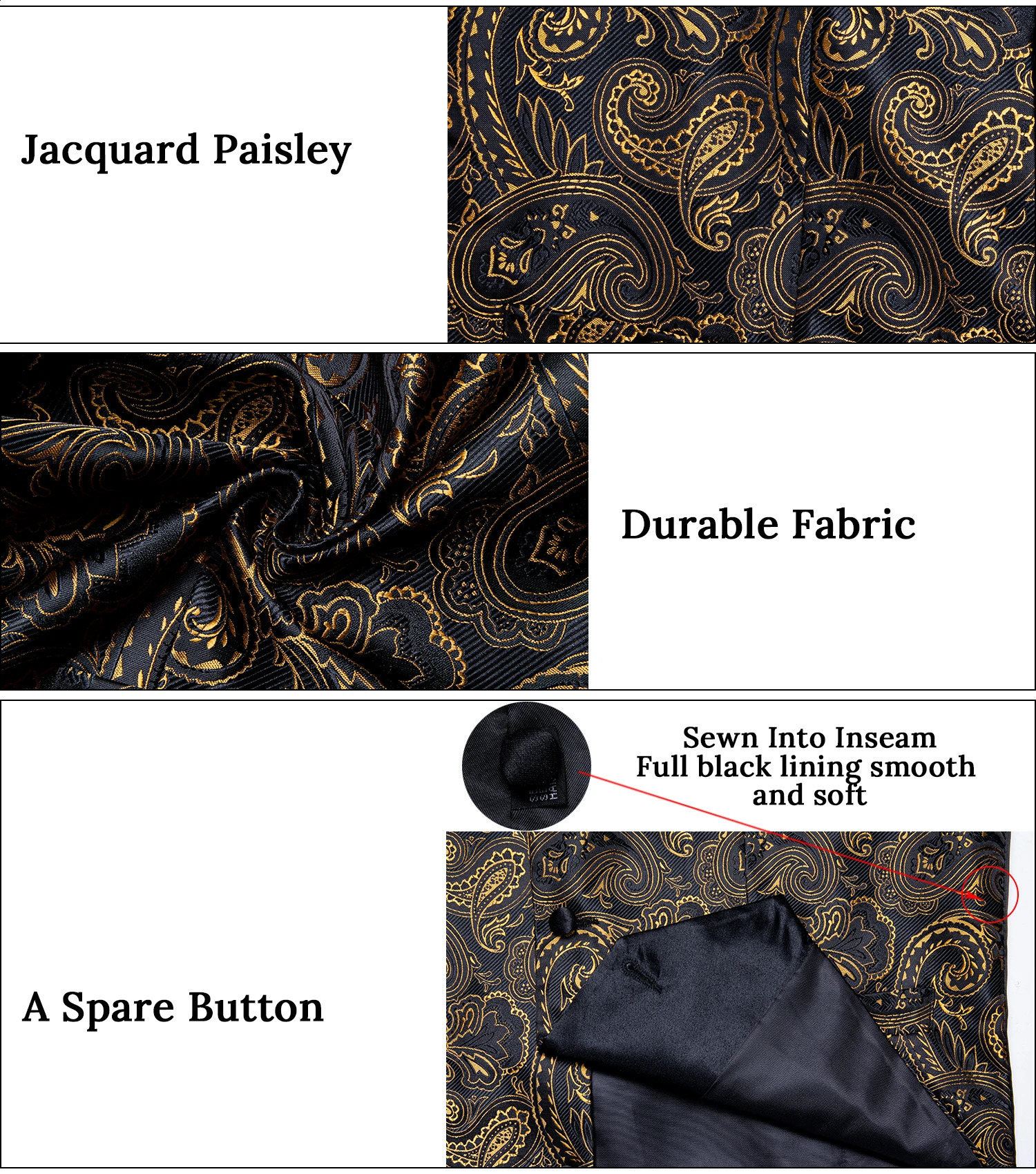 Varumärkesdräkt Vest Set For Men Luxury Silk Black Gold Paisley Dress Tie Cufflinks Handkakor Male ärmlös Waistcoat 240125
