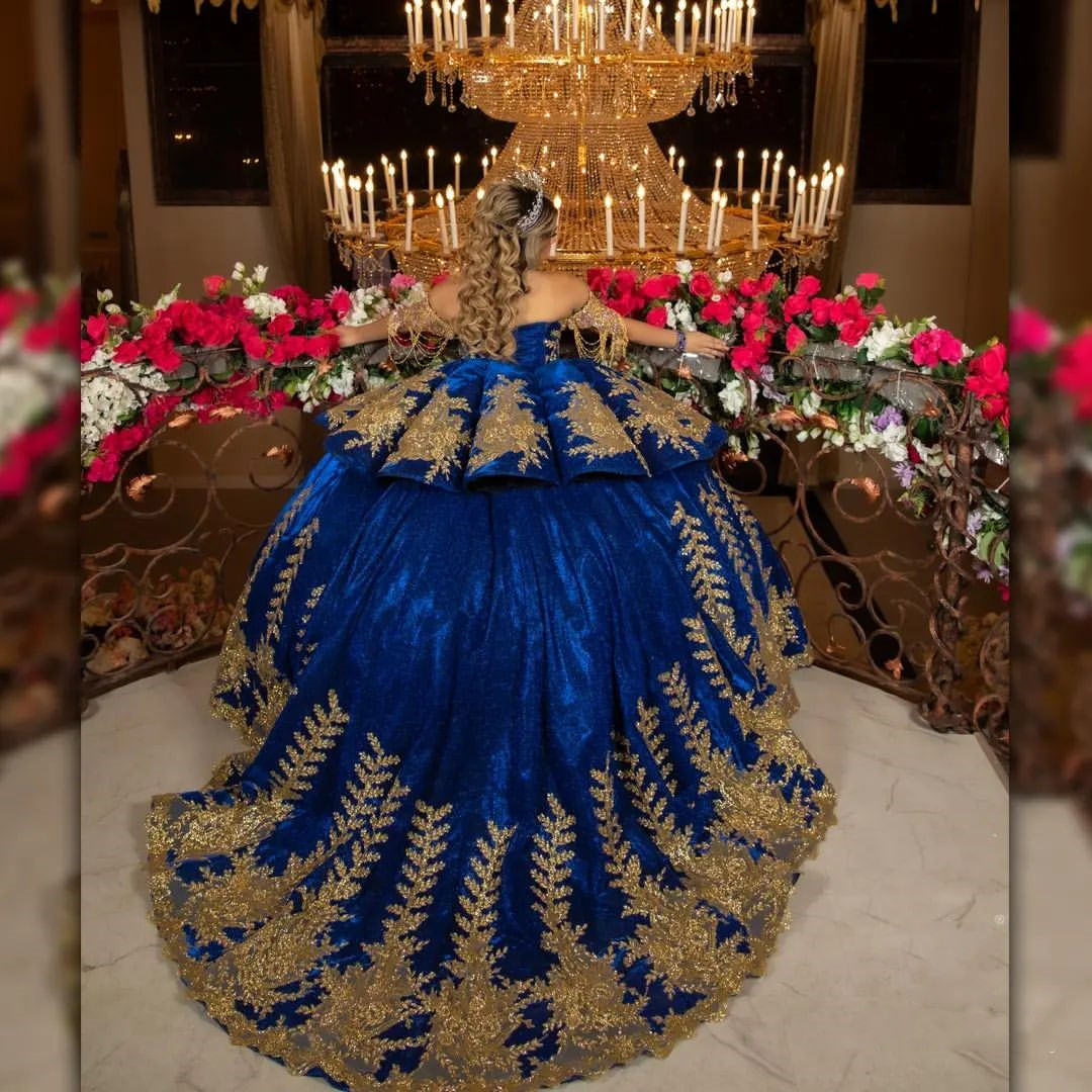 Luxus Blau Quinceanera Kleid Ballkleid 2024 Gold Applikationen Perlen Vestido De 15 Anos Süße 16 Geburtstag Party Kleider Nach