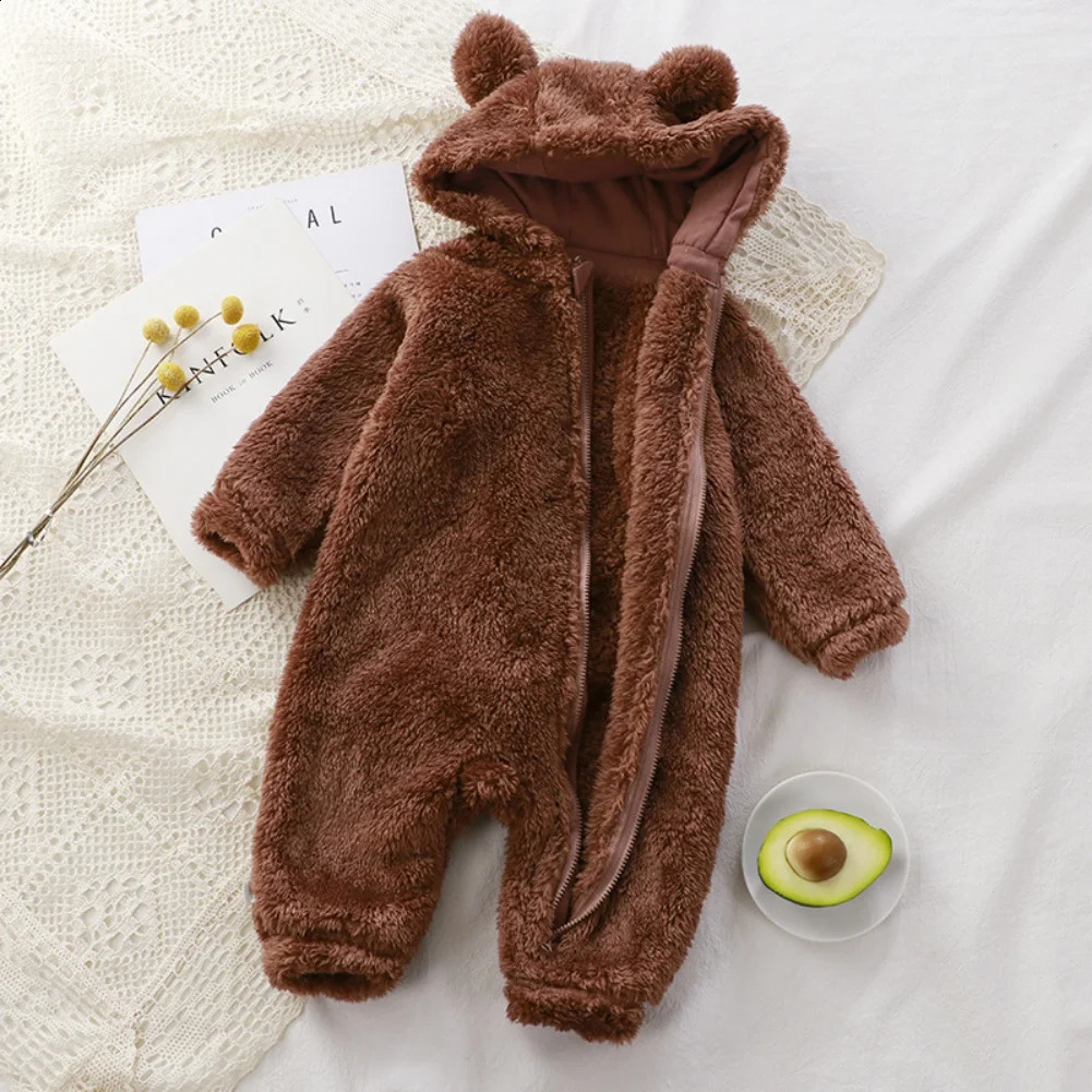 Winter Warm Hoodied Baby Rompertjes voor Jongens Meisjes Beer Oor Kap Fleece Onesies Baby Jumpsuits Pyjama Nachtkleding Peuter Overall 240202