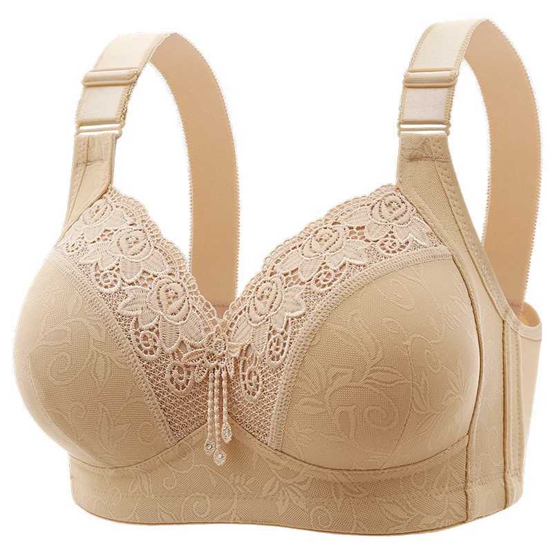 Bras Bras New Large Luxury Lace Without Steel Ring Bra Side Fold Side Breast Large Breast Display Small Adjustment Shaped Moms Underwear YQ240203