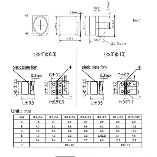 SMD Aluminium-Elektrolytkondensator 6,3V 10V 16V 25V 35V 50V 1UF 2,2UF 4,7UF 10UF 22UF 47UF 100UF 220UF 330UF 470UF 1000UF