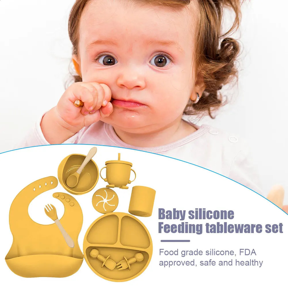 Vaisselle en silicone souple pour bébé Ensemble de plats d'alimentation Assiette Sucker Bol Bavoirs Cuillère Fourchette Enfants Vaisselle antidérapante A Gratuit 240125