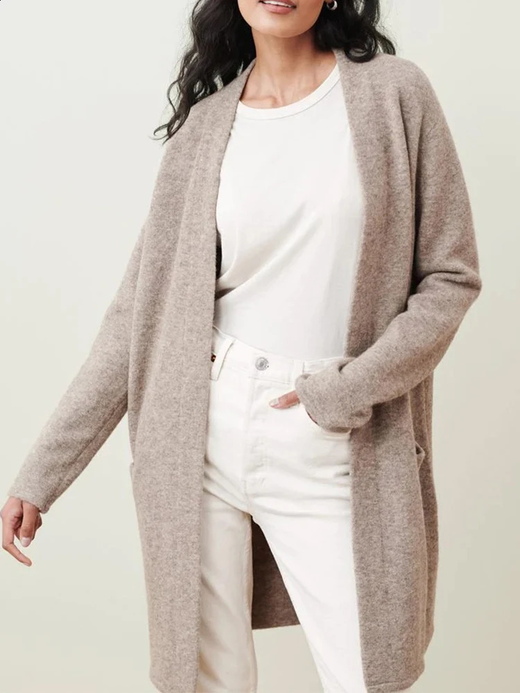 Cardigan tricoté pour femme, pull de tempérament élégant, couleur unie, Long avec poche, automne et hiver 2023, 240126