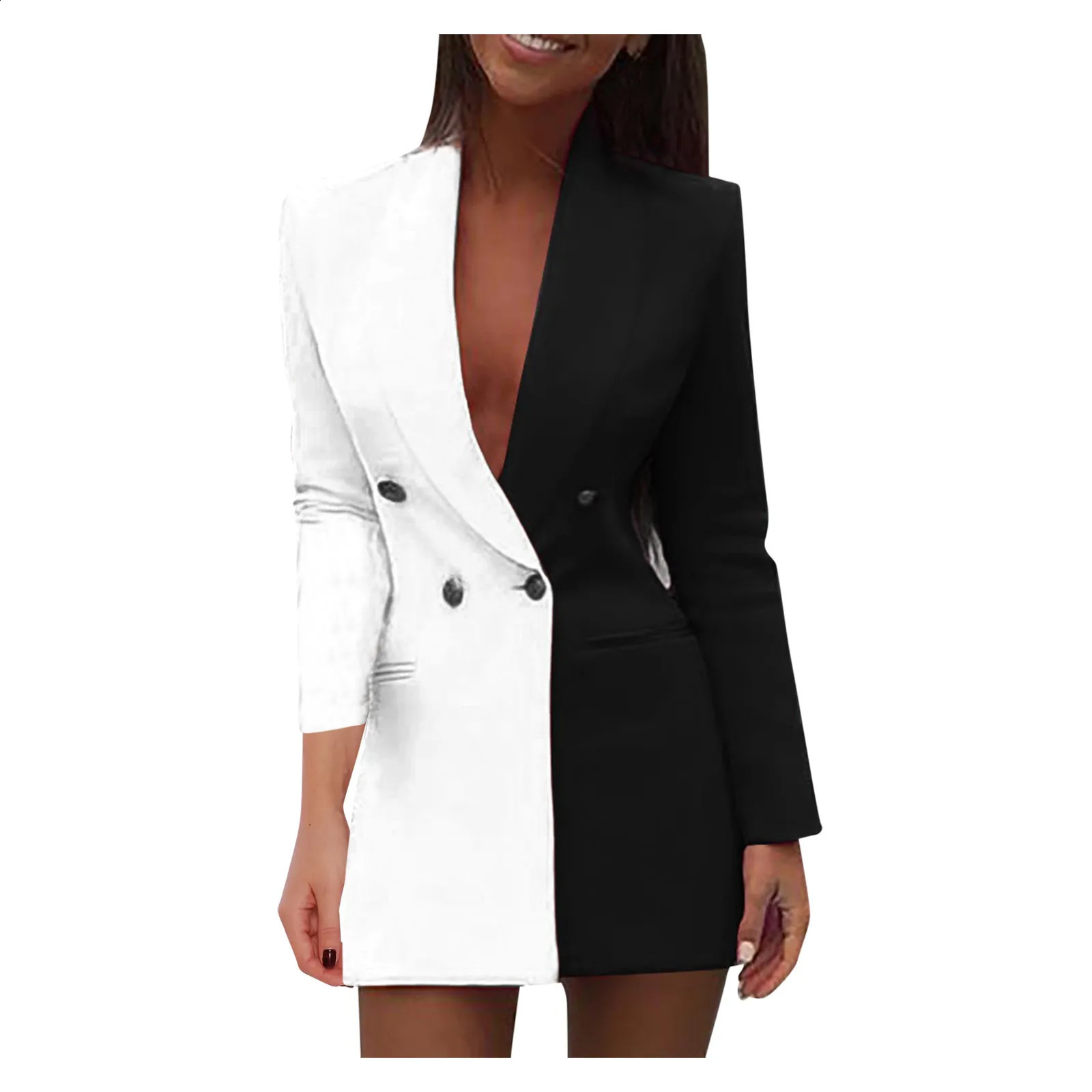 Kobiety Blazer Winter Slim Long Rękaw Elegancki garnitur podwójnie czarny biały płaszcz z płaszczem biurowy płaszcz 240130