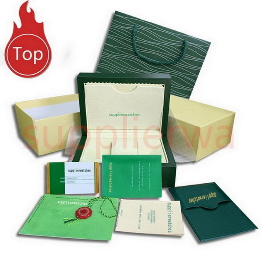 Estuches de lujo Diseñador Cajas de alta calidad Caja de reloj verde oscuro Caja de regalo Woody para relojes Rolex Folleto Etiquetas y papeles de tarjetas en Eng302C