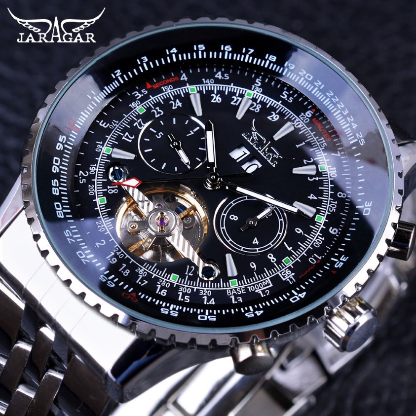 Jaragar Aviator Series Silver Rostfritt stål Toubillion Designskala Dial Mens Watches Luxury Automatic Watch Clock D18284L