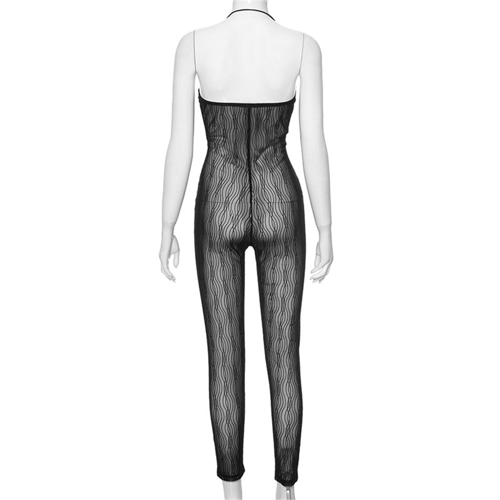 2024 Designer Malha Macacões Mulheres Spaghetti Strap Halter Macacões Primavera Verão Sexy Sheer Backless Ver através de Leggings Night Club Wear Atacado Roupas 10645