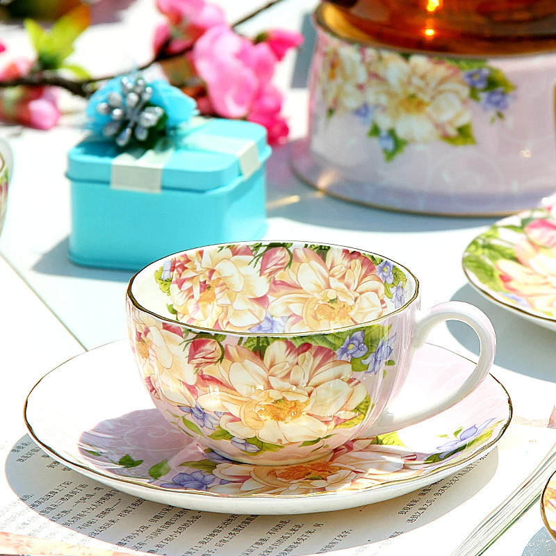 200ml ince kemik çin kahve fincan tabak kabak çiçek tasarım porselen çay seti ülke kupa fincan seramik 240129