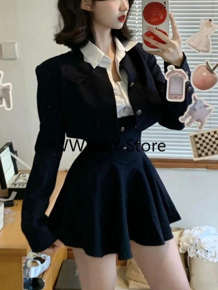 Abito moda vintage stile preppy donna camicia bianca cappotto corto vita alta slim Y2k mini abito giapponese elegante set chic 240124