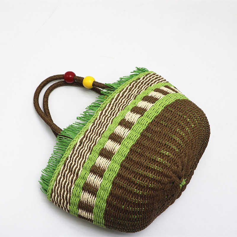 2023 New Handheld Woven Bag with Large Capacity Vegetable Basket Grass Woven Bag, Contrast Stripe Handmade Woven Bag