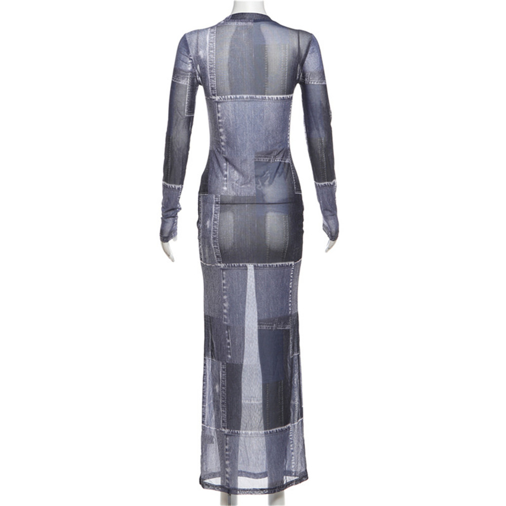 2024 Designer Maxi Jurken Dames Bodycon Jurk Met Lange Mouwen Lente Zomer Sexy Afdrukken Sheer See Through Jurk Y2k Feestkleding Bulk Groothandel Kleding 10659