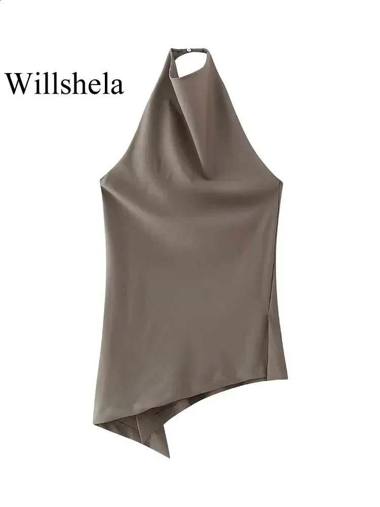 Willshela kvinnor mode två bit set brun veckad halter hals toppar raka byxor vintage kvinnlig chic lady kostym 240122