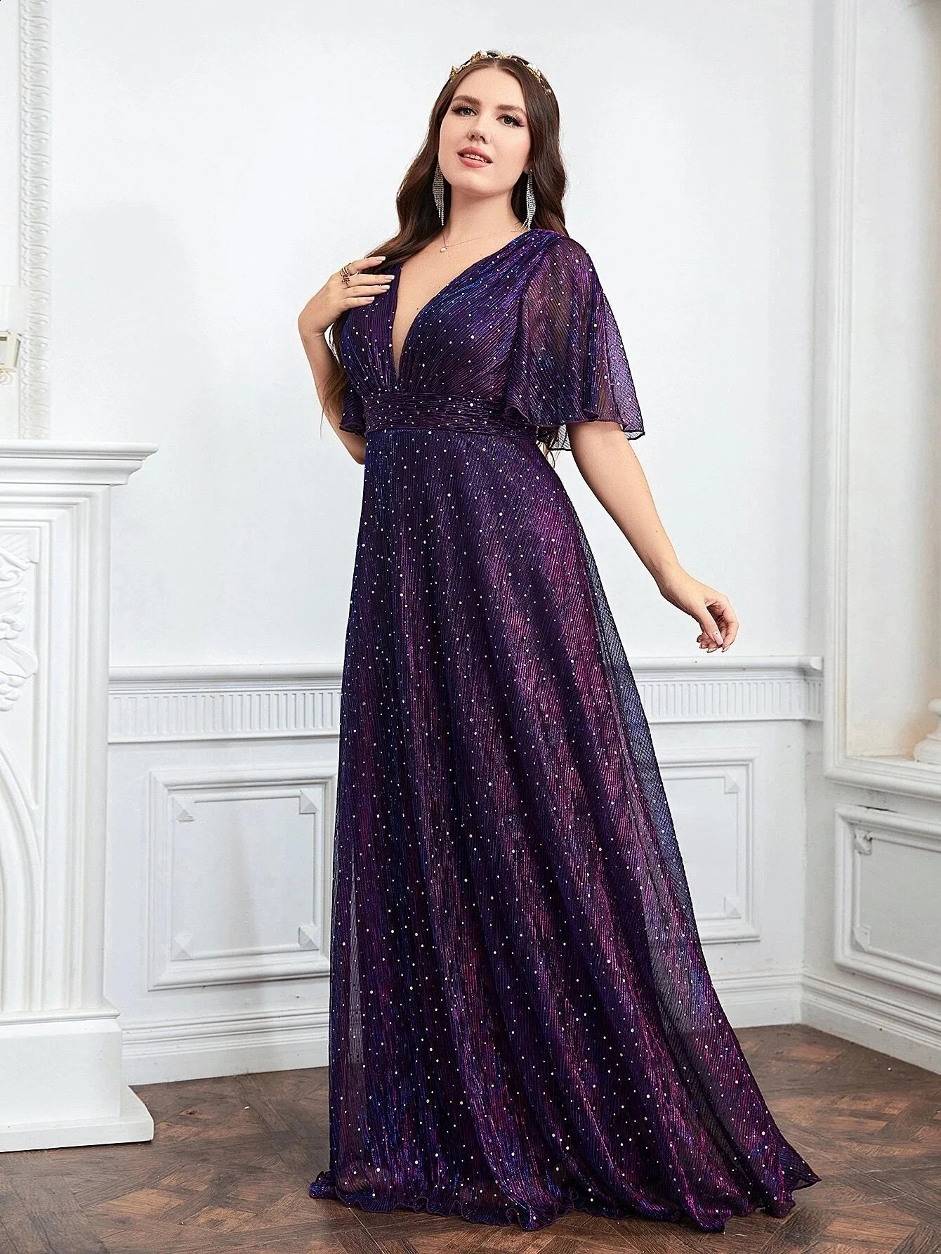 Vestido de dama de honra de casamento para plus size moda feminina mergulhando pescoço manga borboleta glitter vestidos de festa tamanho grande vestido de senhora 240131