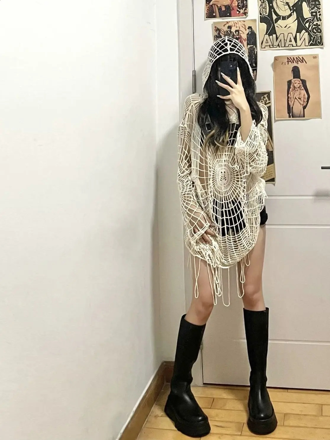 Oco malha com capuz topo y2k roupas aranha web spice menina malha pullovers finas mulheres moda coreana rede de pesca suéteres gótico 240202
