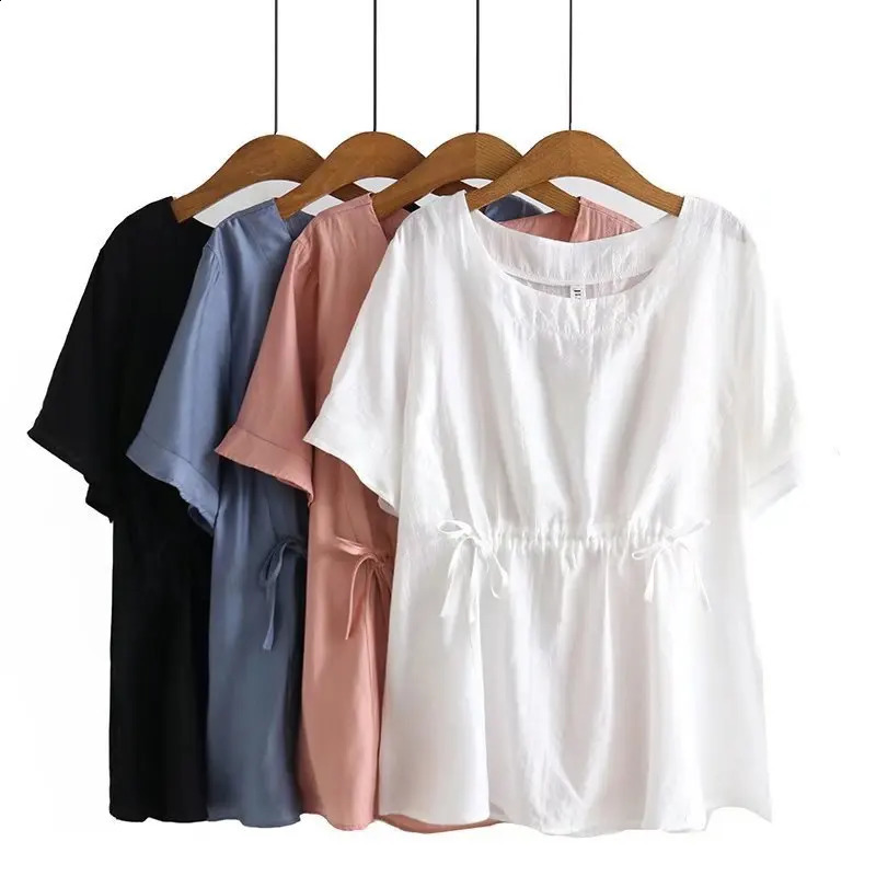 Plus-storlek BLOUSES Kvinnor Summer Sweet Cotton O-Neck Simple Solid Color Short Sleeve Tops Overdimensionerade kurvkläder 240202