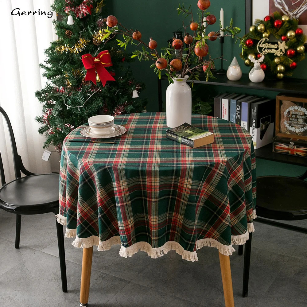 Gerring Noël Table Basse Couverture Fil Teint Plaid Vacances Mariage Déco Nappe Américaine Ronde Gland Nappe Pour La Fête 240131