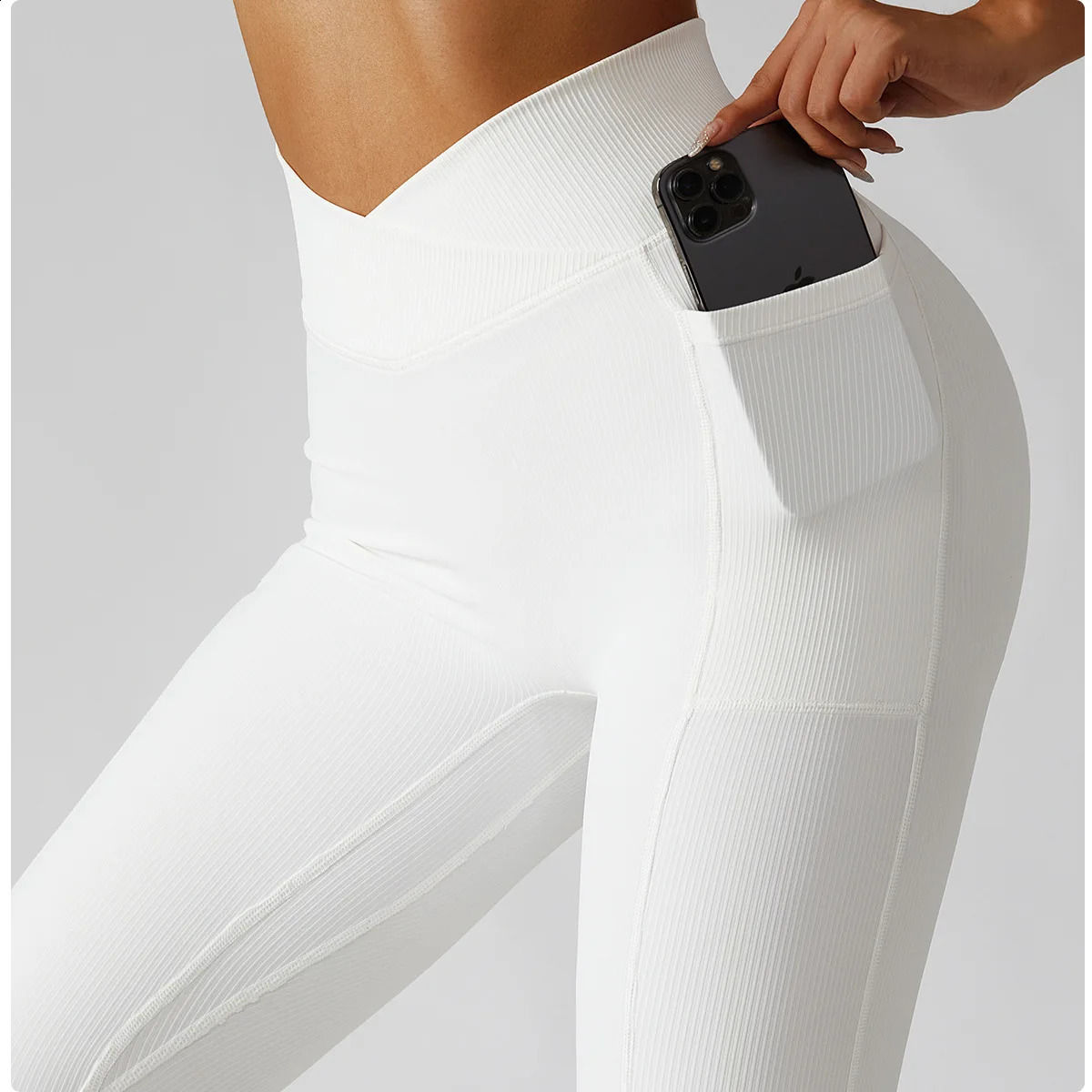 Cor sólida com nervuras calças de yoga mulheres bolsos crossover cintura alta leggings de fitness sexy butt lift treino correndo collants 240131