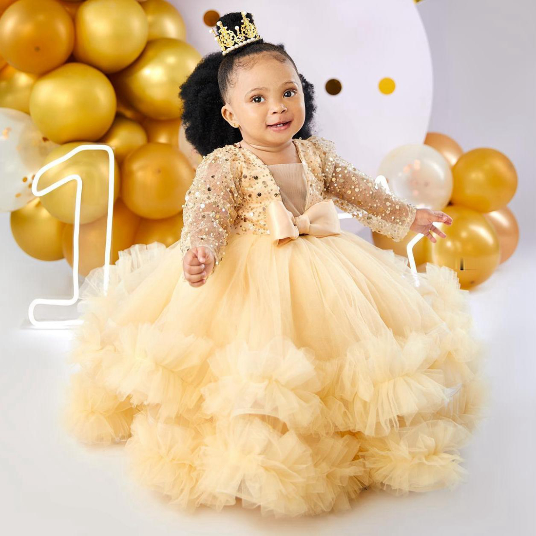 Gold Sparkling Flower Girl Dresses V Neck Long Sleeves Sequined Lace Tiered Tulle Ball Gowns Flowergirl Dress Birthday Party Dress Gowns for Little Kids NF074