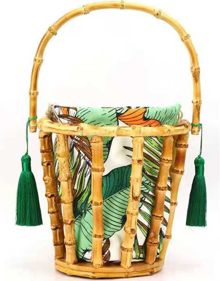 New Bamboo Woven Bag Summer Round Bamboo Basket Water Bucket Bag Tassel Bamboo Root Woven Bag Countryside Handheld Grass Woven Beach Bag