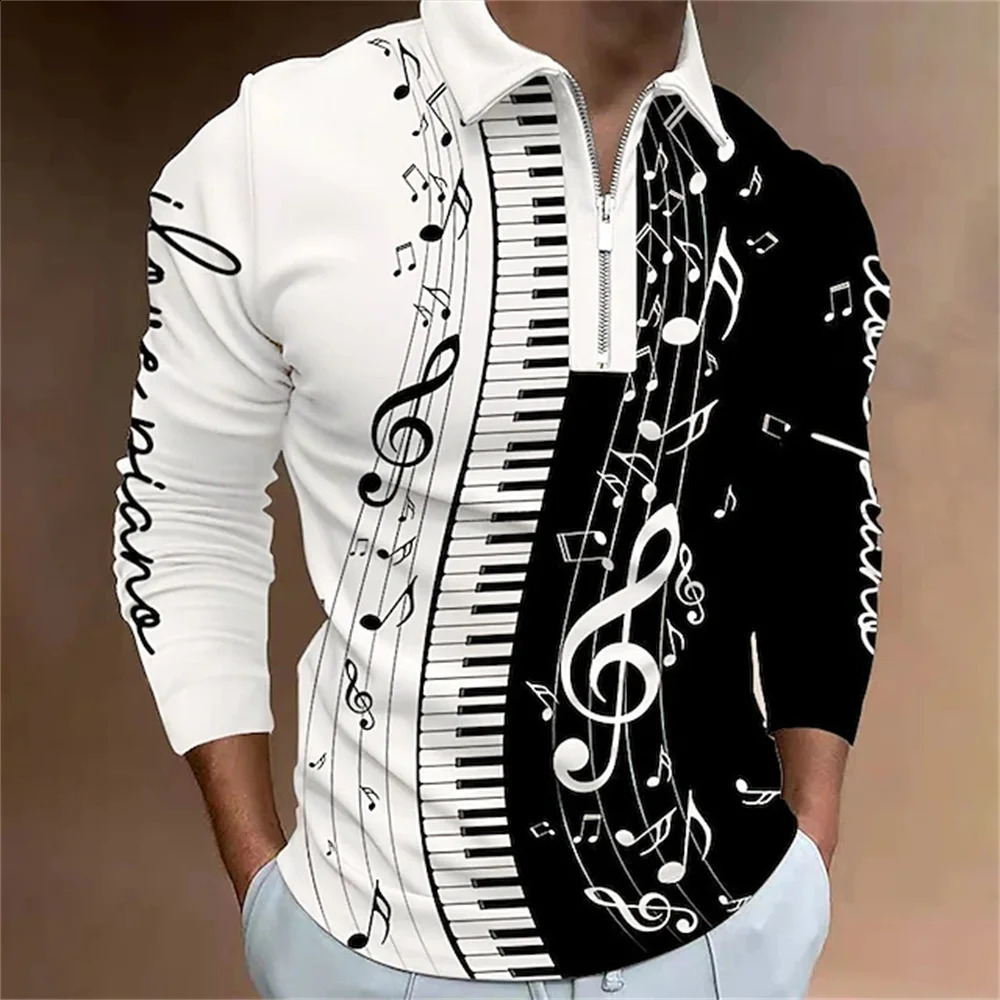 Летние мужские рубашки поло с длинным рукавом 3D-печатные музыкальные ноты Графические забавные рубашки поло Топы негабаритных футболки Дизайнерская одежда 240126