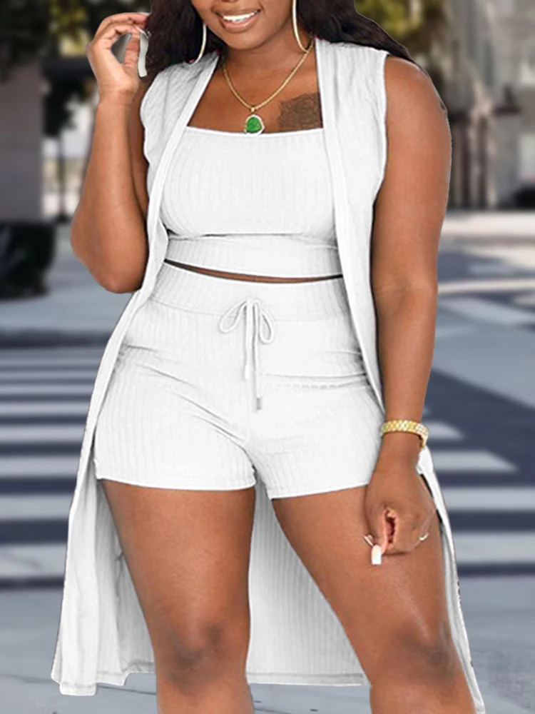 Grande taille tenues décontractées ensemble trois pièces femmes Plus solide côtelé col rond débardeur cordon short ourlet fendu Cardigan240127