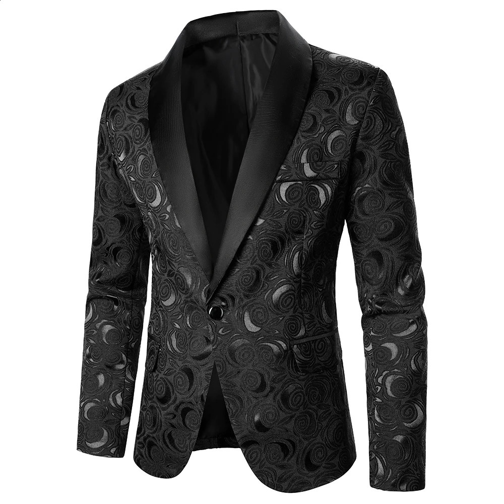 Hommes costume manteau Rose motif brillant Jacquard tissu contraste couleur col fête luxe Design casual mode Slim Fit hommes Blazer 240130