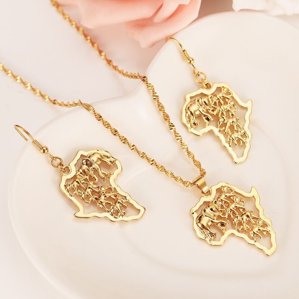Ethiopian Africa Map elephant Jewelry sets Fine Gold GF Jewelry Sets Statement Necklace Earrings Pendant African Wedding292R