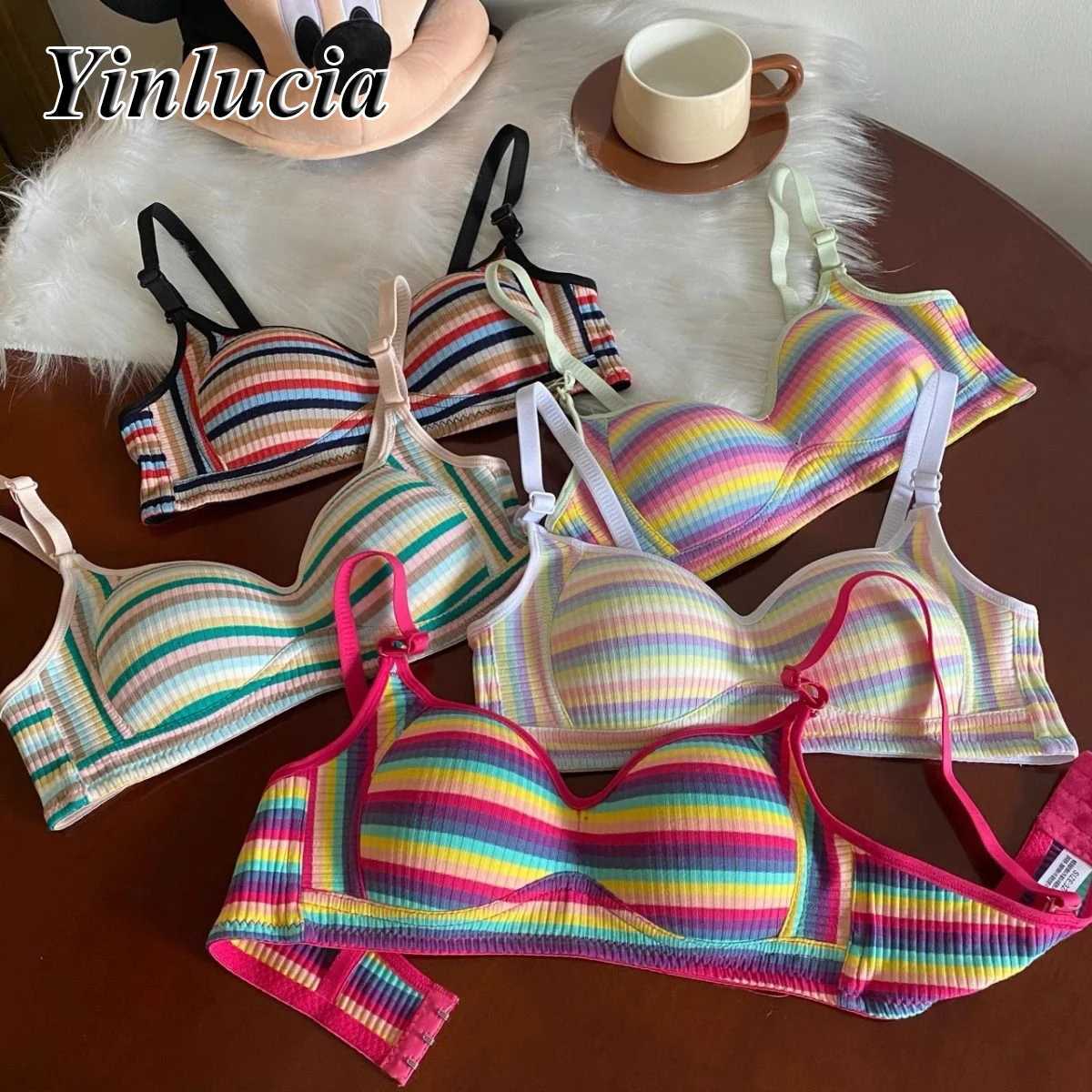 Bras Bras Lingerie Vintage Rainbow Stripes Bra Gathered Crop Top Underwear Push Up Bras New Summer Daily Soft Elastic Underwear Women YQ240203