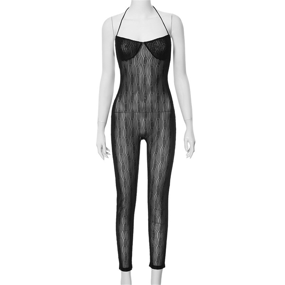 2024 Designer Mesh Jumpsuits Women Spaghetti Pasek Halter Rompers Spring Summer Sheer Sheer Backless See Through Leggings Night Club Wear Hurtowe Ubrania 10645