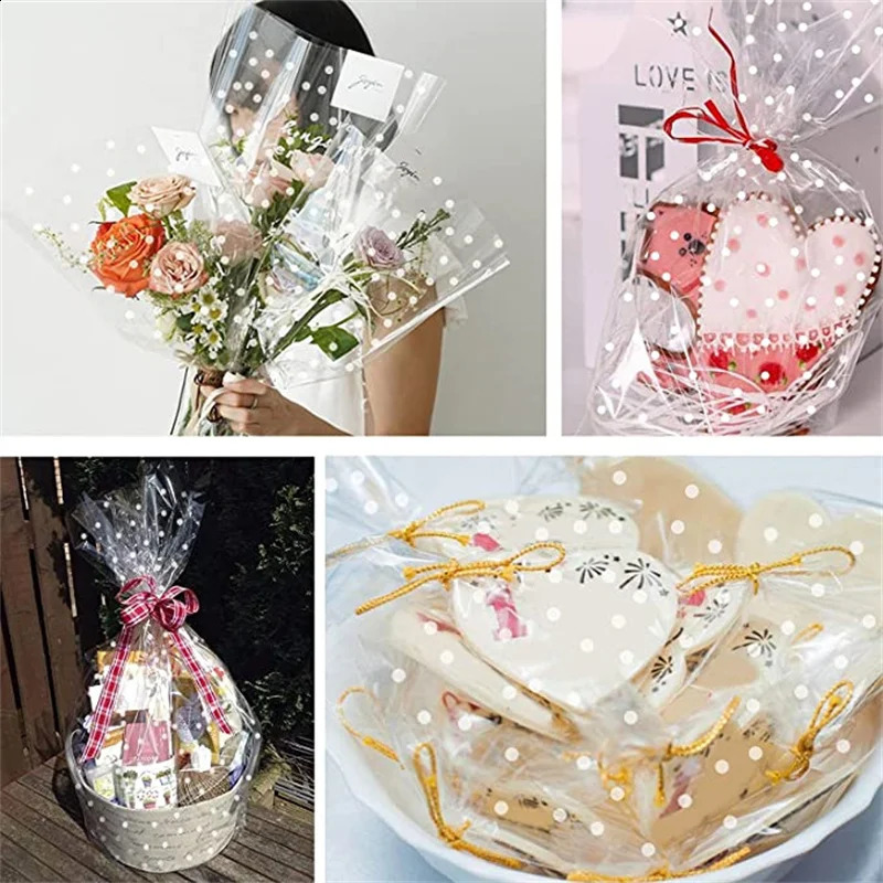 Rotolo di pellicola di cellophane trasparente con punti bianchi irregolari Regalo di bouquet di fiori Cesti di carta da regalo Artigianato artistico 240124