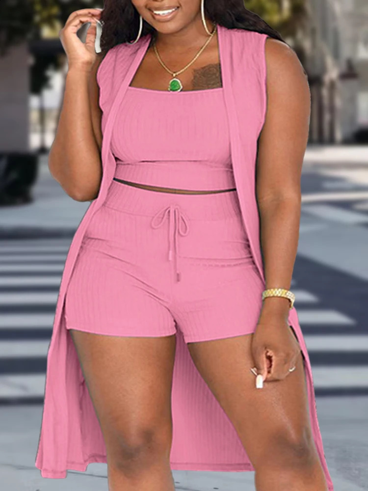 Grande taille tenues décontractées ensemble trois pièces femmes Plus solide côtelé col rond débardeur cordon short ourlet fendu Cardigan240127