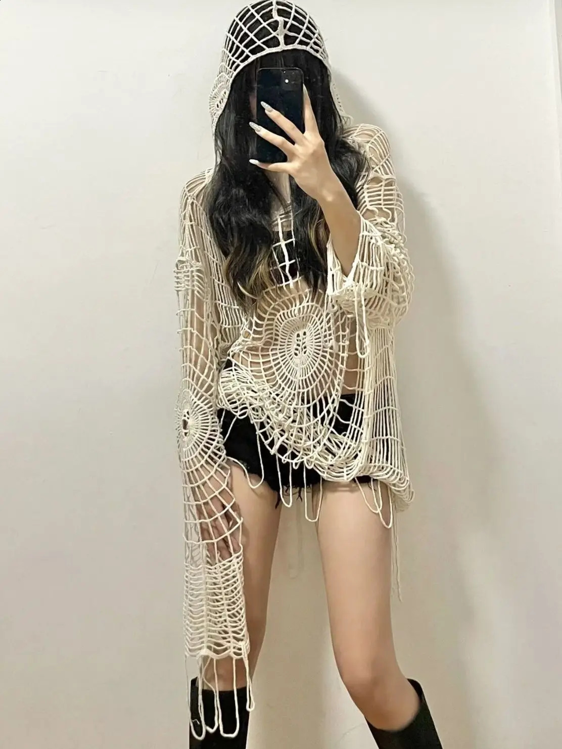 Hollow Knit Hooded Top Y2k Clothes Spider Web Spice Girl Mesh Pullovers Thin Women Korean Fashion Fishing Net Sweaters Gothic 240202