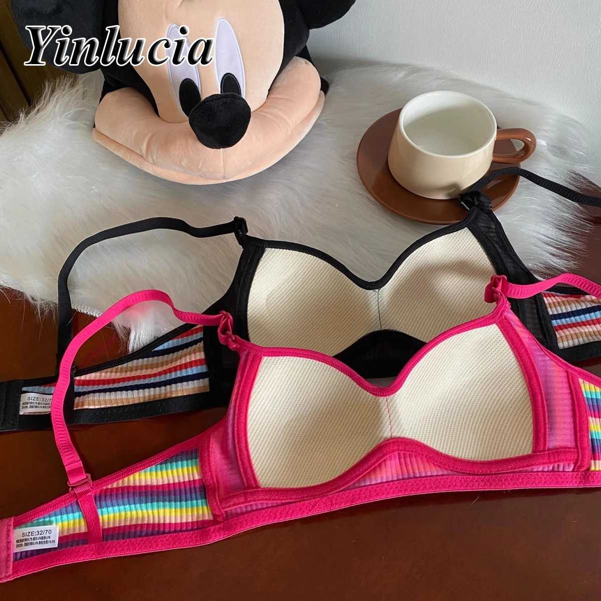 Bras Bras Lingerie Vintage Rainbow Stripes Bra Gathered Crop Top Underwear Push Up Bras New Summer Daily Soft Elastic Underwear Women YQ240203