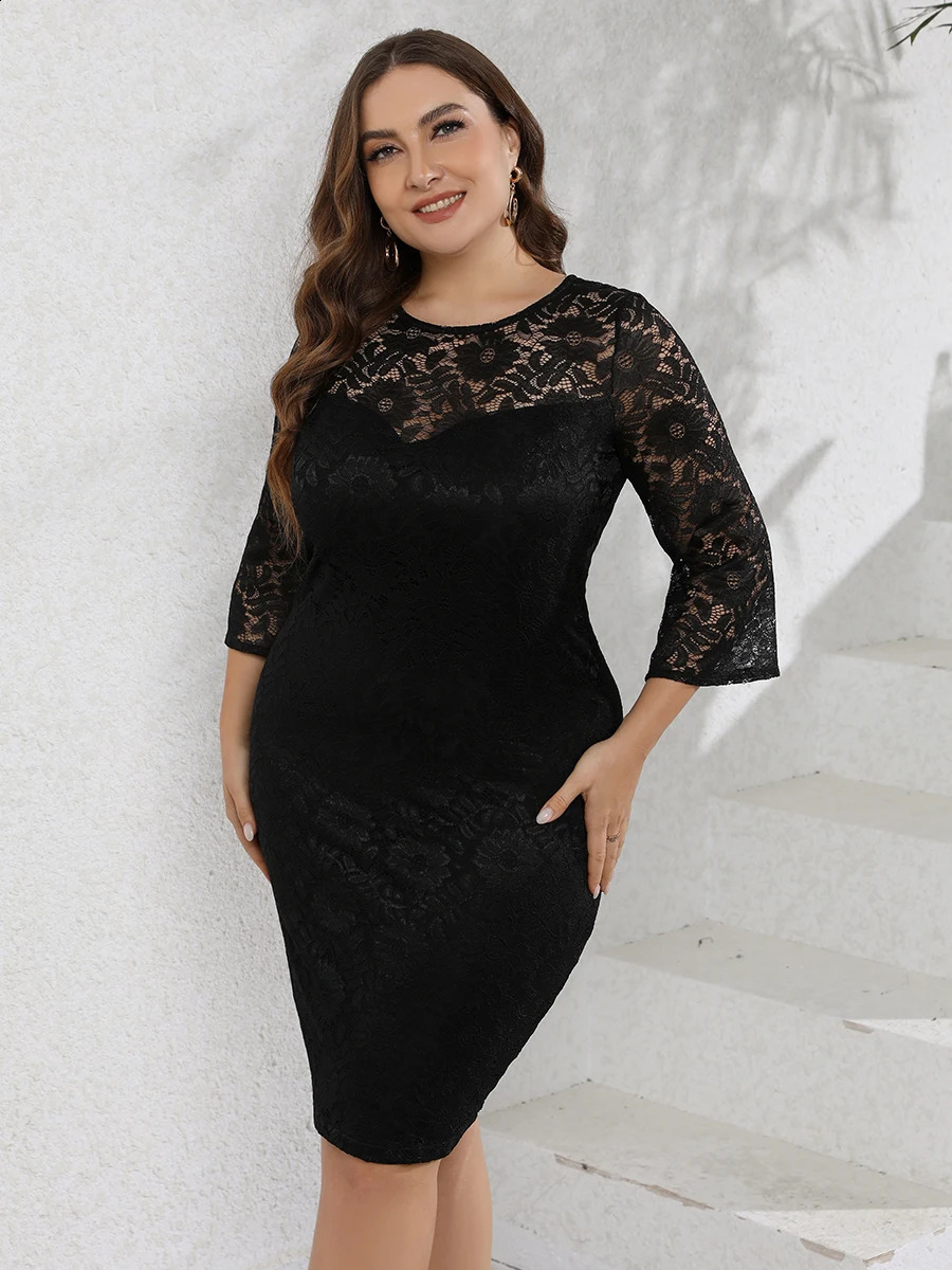 Plus Size Summer Dresses for Women 2023 Lace Floral See Through Bodycon Prom Formal Party Dress Black Casual Midi Dresses 240124